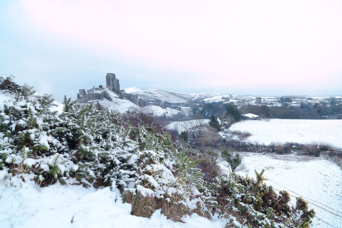 Corfe Castle in the Snow on the Purbeck Hills