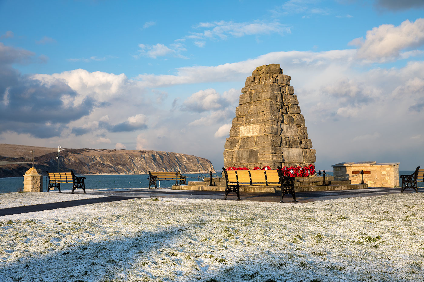Swanage war memorial in the snow