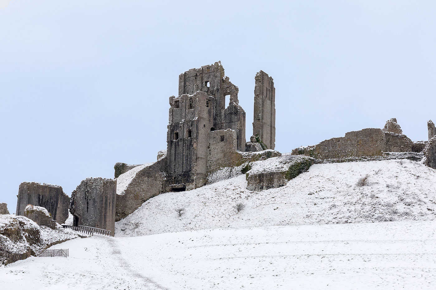 Looking Up at Corfe Castle in the snow