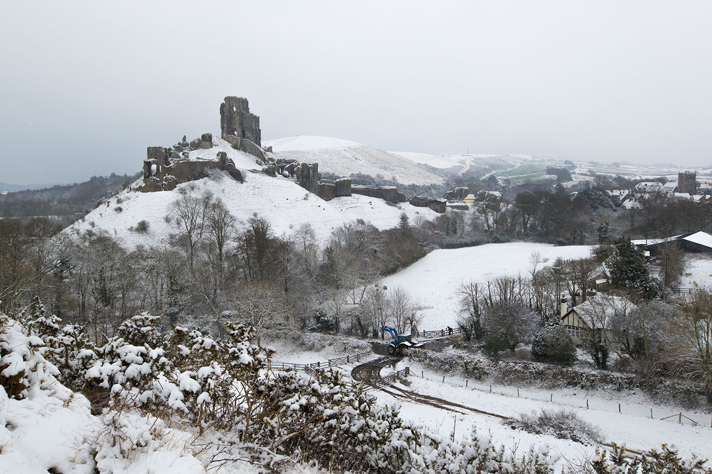 Corfe Castle and Village in the snow